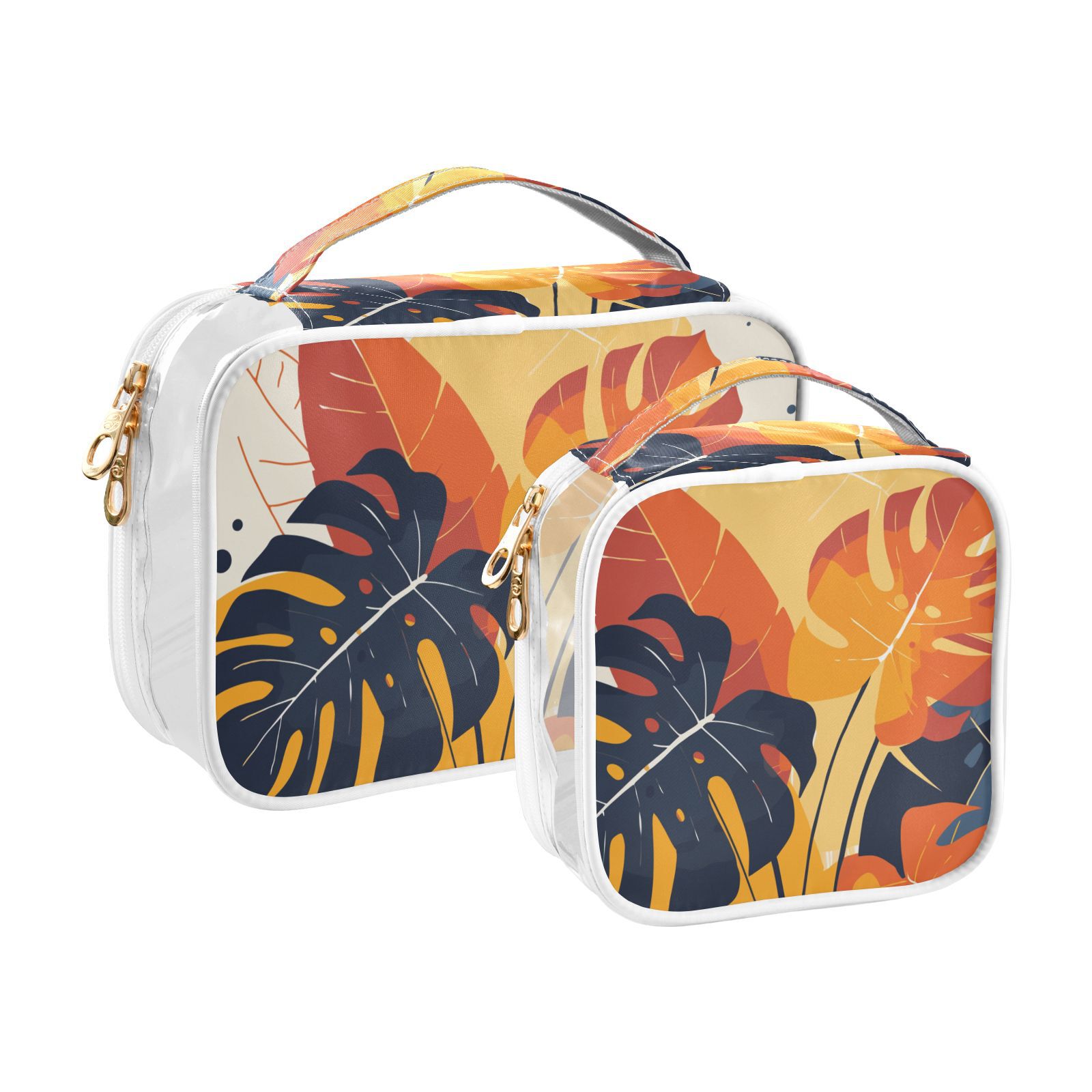 Clear Makeup Bags with Handle Large Opening 2 Pack Set Toiletry Bag Quart Size Bag, for Women Man Traveling Travel Essentials, Toiletries and Other. Tropical Plant Leafs