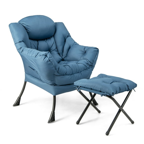 Giantex Modern Lazy Chair, Single Sofa Chair w/Ottoman, Upholstered Leisure Chairs Set for Living Room, Bedroom