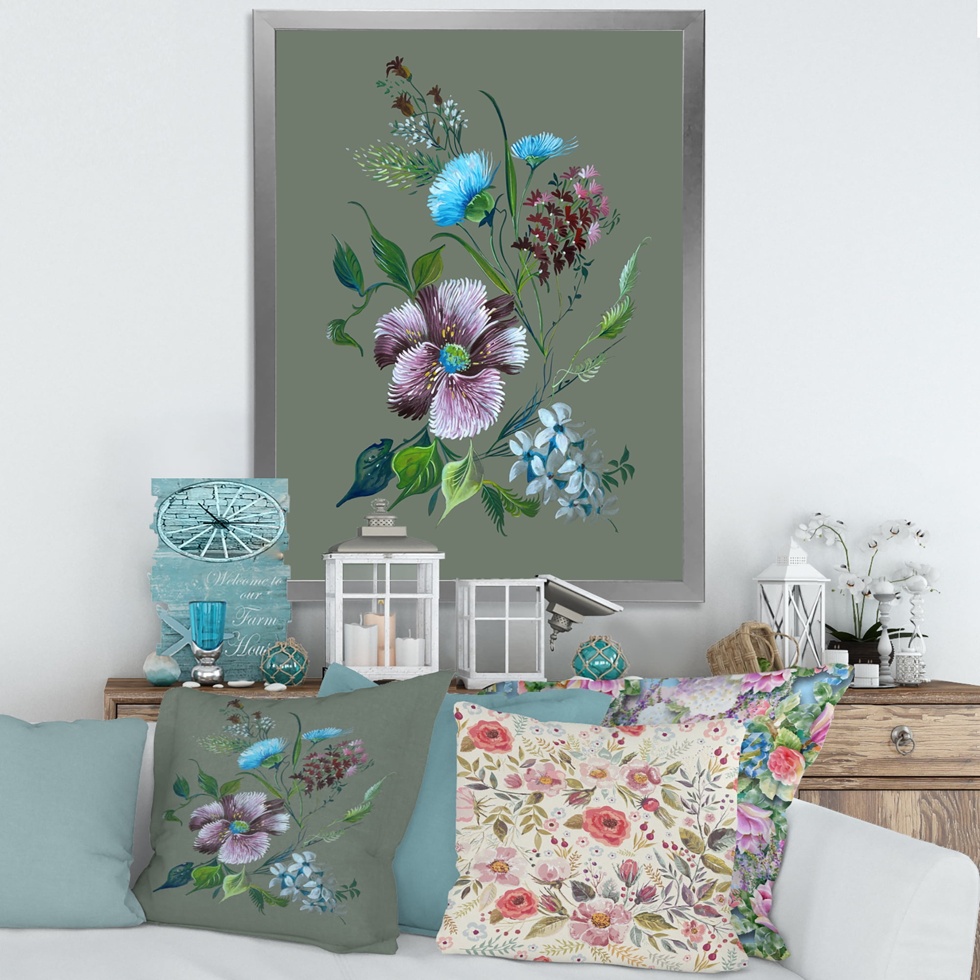 Turquoise and Purple Spring Flowers 16 in x 32 in Framed Painting Canvas Art Print, by Designart