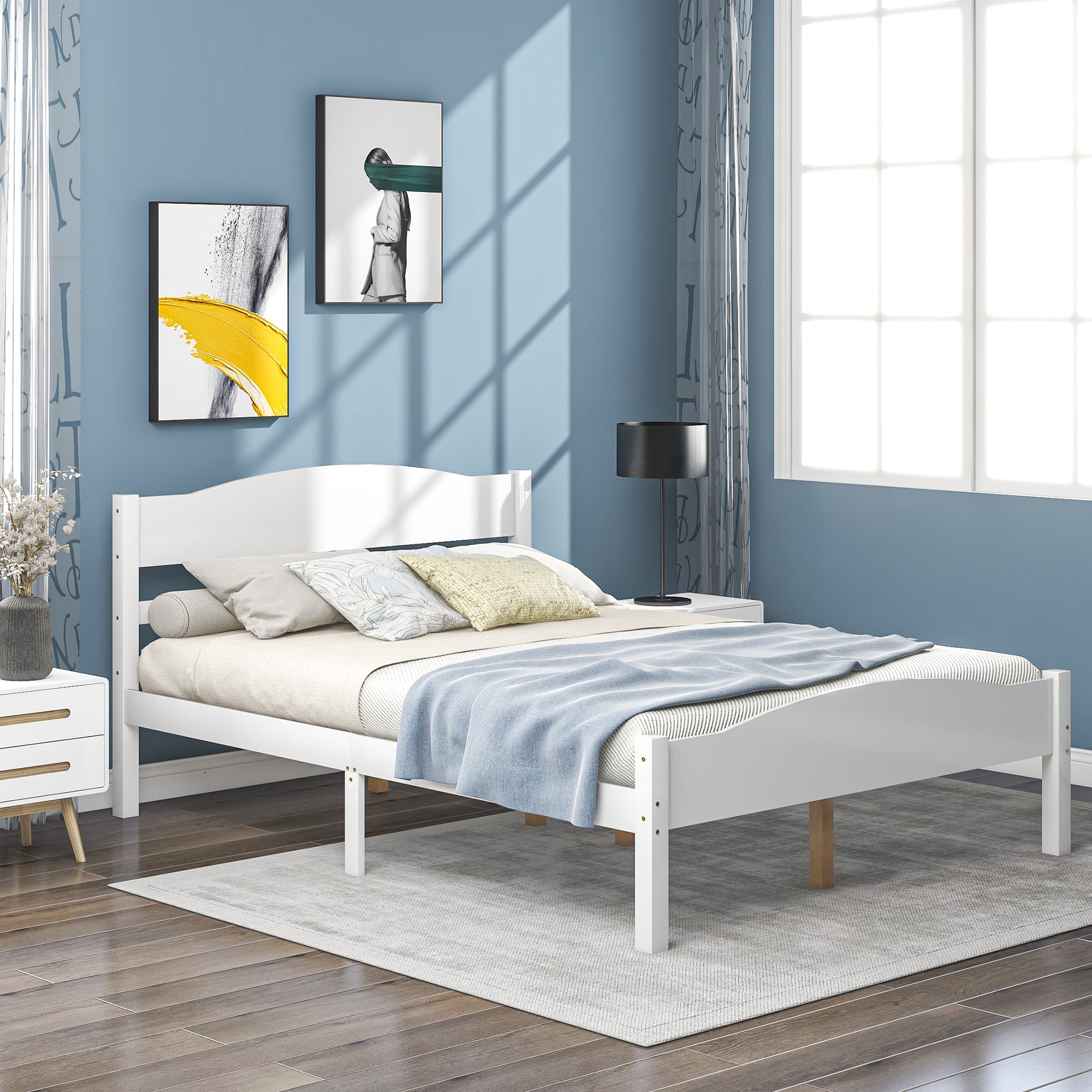 White Full Size Bed Frame With Wood Headboard Platform Modern Bedroom Furniture 