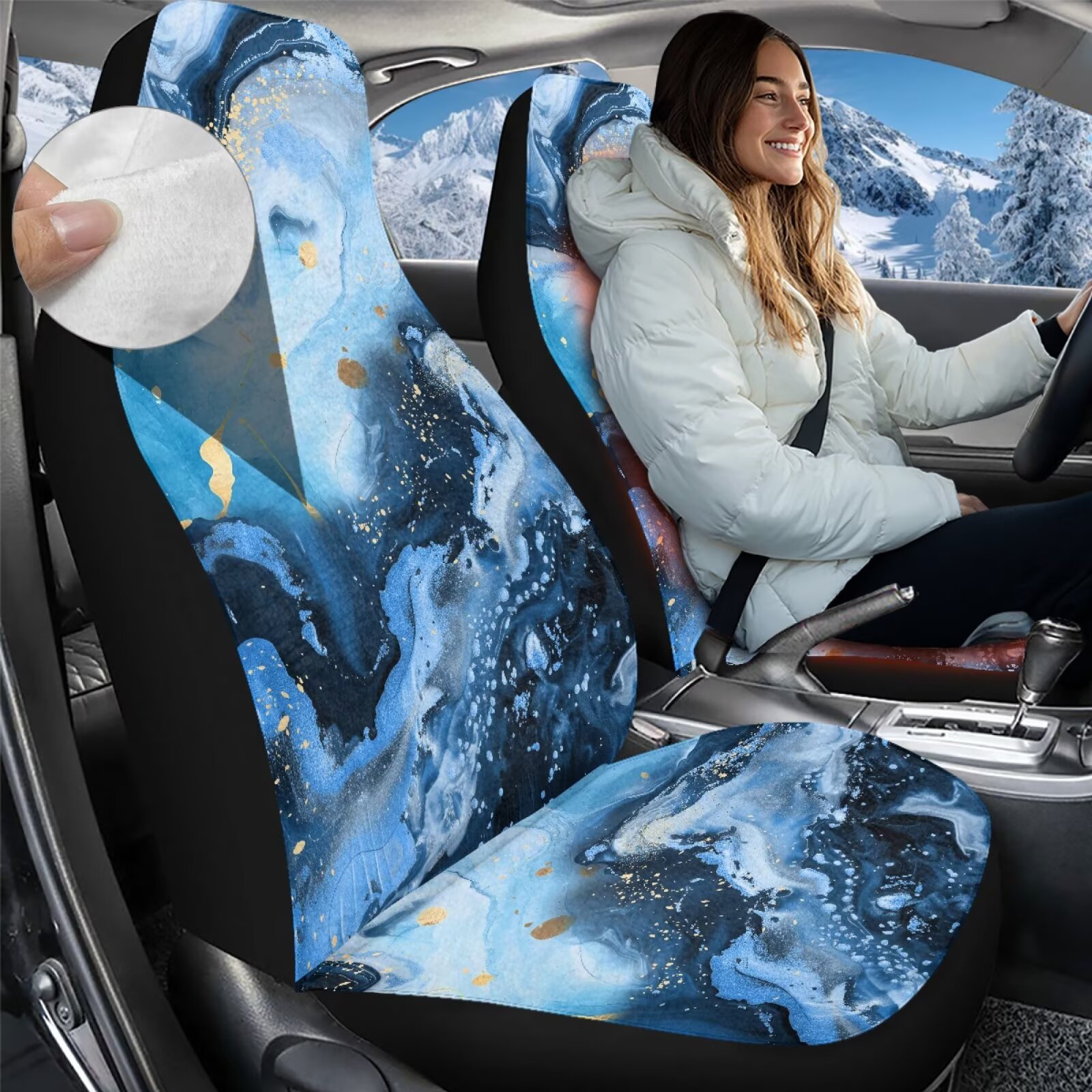 Uorisanigo Car Seat Covers 2 Pcs - Blue Marble Bucket High Back Car Front Seat Covers Soft Flurry Bucket Seats Cushion Universal Fit for SUVs/Vans/Trucks, Cars Accessories