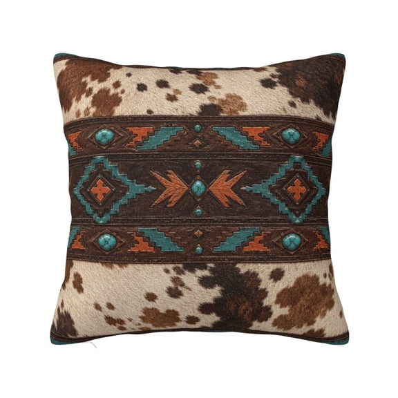 Southwestern Cowhide Turquoise Print Pillow Cover Decorative Throw Pillowcase Soft Cushion Covers Bed Sofa Couch, 12x12