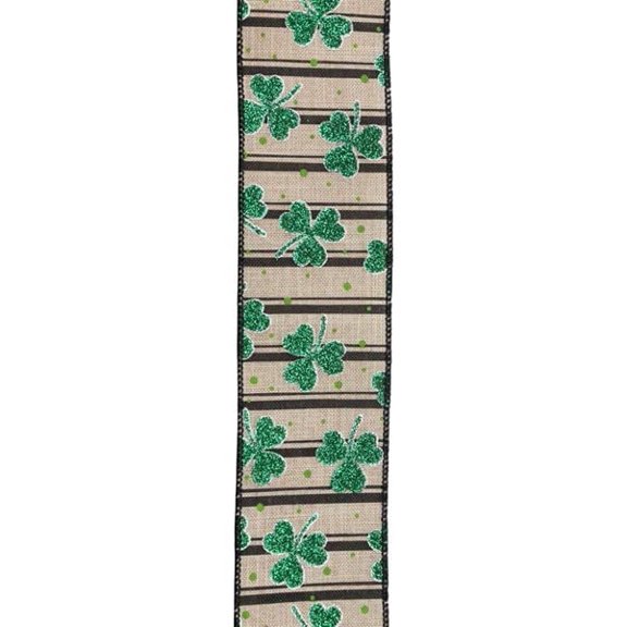 Glitter Shamrock Clover St Patricks Day Wired Ribbon, Beige, Emerald Green, Black, 2.5" x 10 Yards (30 Feet), HP6024