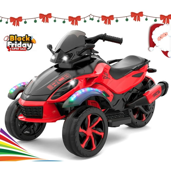 RCB 12V Kids Ride on ATV w/ One-Touch Start, 3-Wheel Stability, LED Lights, Built-in Music Player-Red