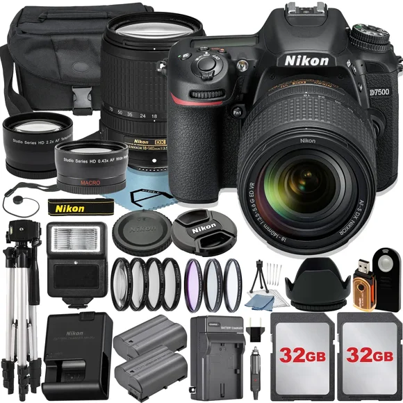 Nikon D7500 Appareil Photo Reflex Numérique avec Objectif 18-140 mm + 2 Cartes Mémoire SanDisk 32 Go + Étui + Trépied + Filtre UV + Ensemble d'Accessoires A-Cell