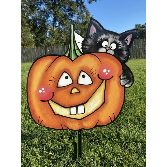 Smiling Pumpkin Black Cat Peeking Yard Art Decoration