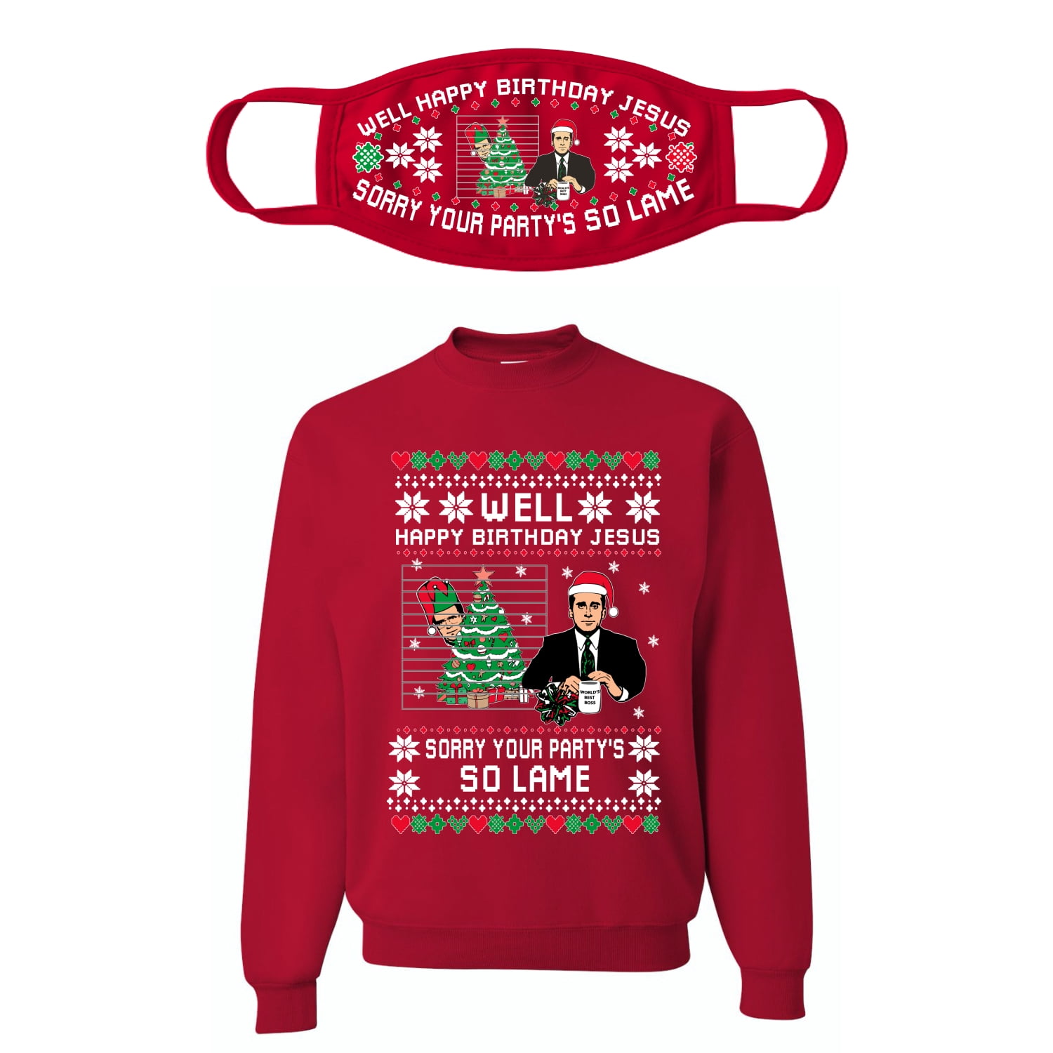 Well Happy Birthday Jesus Funny Quote Office Ugly Christmas Sweater Unisex  Crewneck Sweatshirt- Face Cover Combo, Black, 3XL 