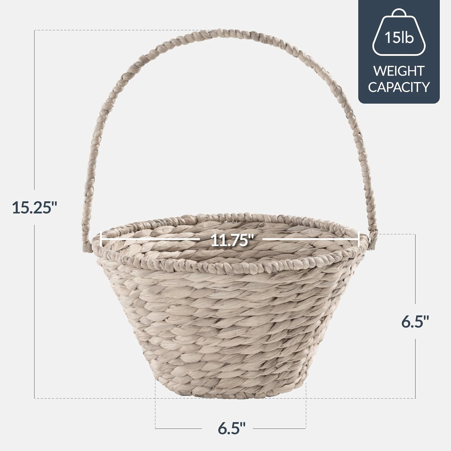 Themis Handwoven Easter Basket, Small Woven Easter Basket for Kids, Easter Egg Hunt Basket w/Collapsible Handle, Tapered Shape, Water Hyacinth - White