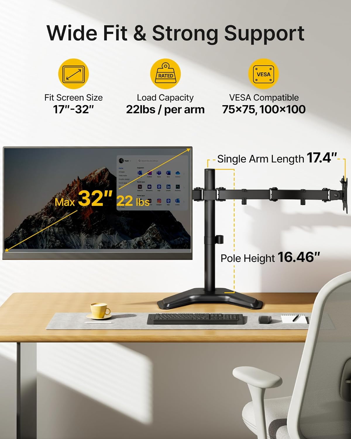 monTEK Freestanding Dual Monitor Stand for 17"–32" Screens, Heavy Duty Monitor Mount with Solid V-Shaped Base, Holds up to 22 lb per Arm, Fully Adjustable VESA 75/100mm Desk Stand, Matte Black