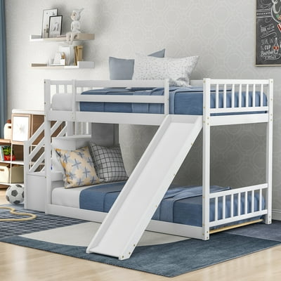 Euroco twin over twin low bunk bed with slide and ladder white deals