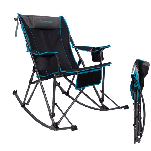 FUNDANGO Oversized Folding Camping Rocking Chairs for Adults, Outdoor Rocking Camping Chair with Pocket, Foldable Rocker with Mesh High Back for Camping, Outdoor, Picnic