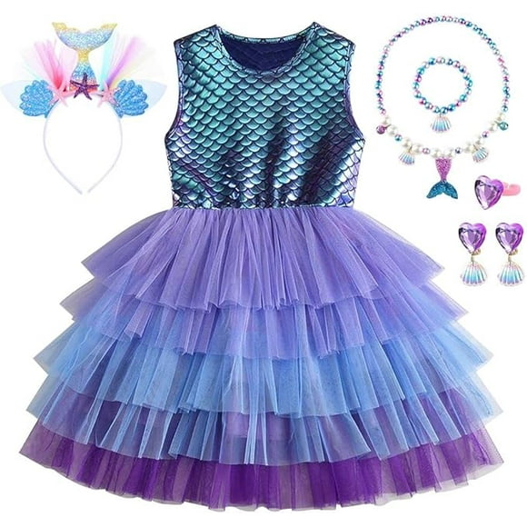 YANSION 7 Piezas de Disfraces de Cosplay de Sirena, Disfraz Princesa Niña, Vestido de Ariel para Fiesta de Cumpleaños de Niñas con Joyería de Tiara para Niña Fiesta Carnaval Cosplay