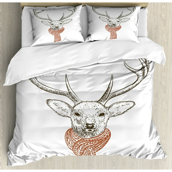 Antlers Duvet Cover Set, Illustration of a Deer Wearing Scarf Knitted Neck Wintertime Cold December, Decorative 3 Piece Bedding Set with 2 Pillow Shams, Calking Size, Redwood Grey White, by Ambesonne