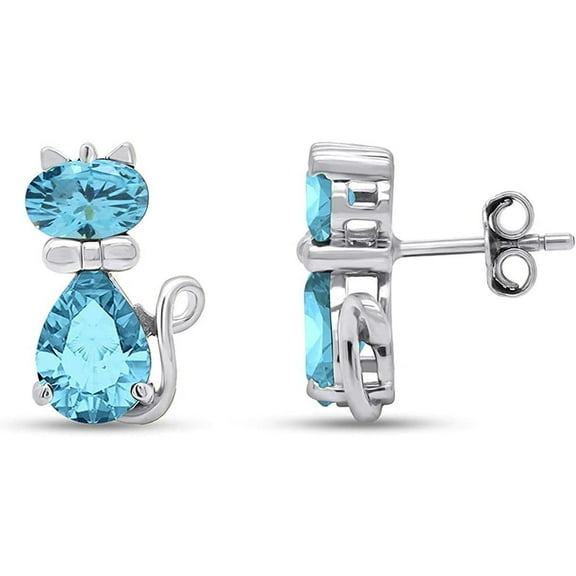 Lab Created Birthstone Animal Cat Stud Earrings 14k Gold Finish Sterling