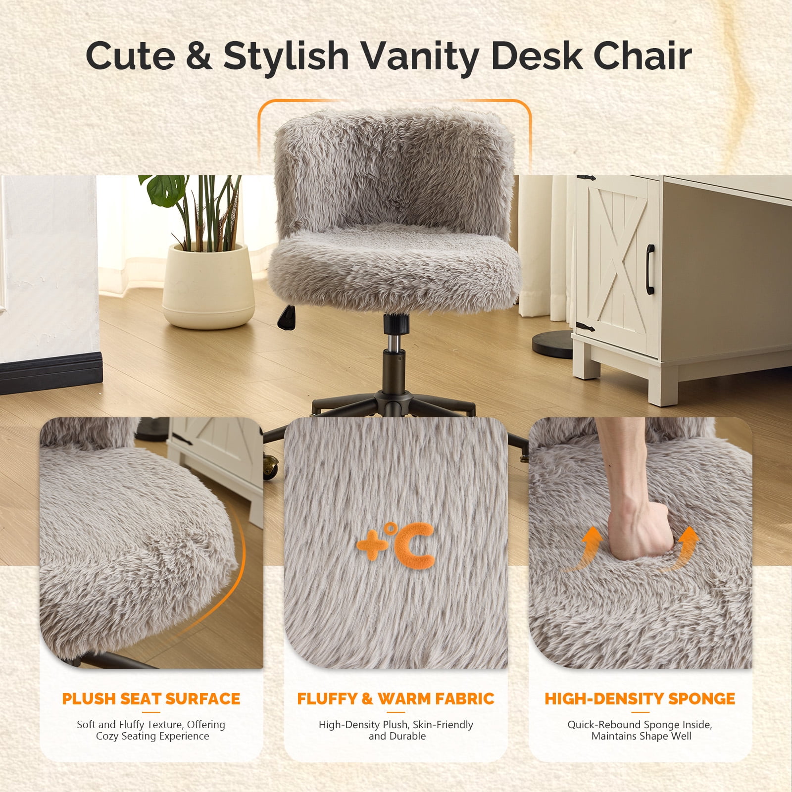 Ktaxon Vanity Chair, Adjustable Desk Chair with Metal Base and Swiveel Casters, Long Pile Fabric Makeup Chair for Women, Ideal for Office,Study and Home Gray