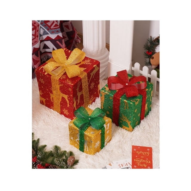 Toystoory Caja de regalo con adorno de árbol de Navidad para exteriores con luces LED brillantes y caja de regalo pequeña de 15,5 cm. Cada Kits de decoración para fiestas ciervo de navidad