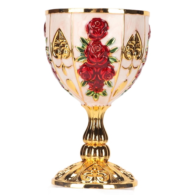 Gold Chalice, Wine Goblet Retro Style Embossed Flower 4in High For Party Red Flower On Gold And White,Gold Red