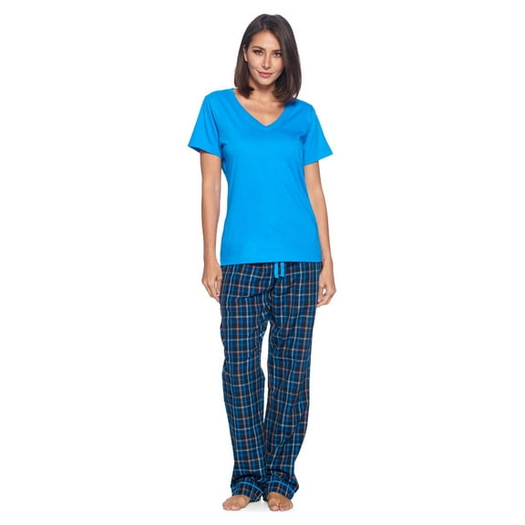 Ashford & Brooks Women's Woven Short Sleeve Jersey Top & Pajama Pants Set, Black/Blue/Plaid, S