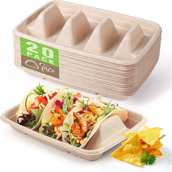 TickJOY 20PCS Disposable Taco Holders – Eco-Friendly Pulp Fiber Taco Tray Plates with 3 Dividers for Party, Buffet, or Taco Bar (Natural Brown)