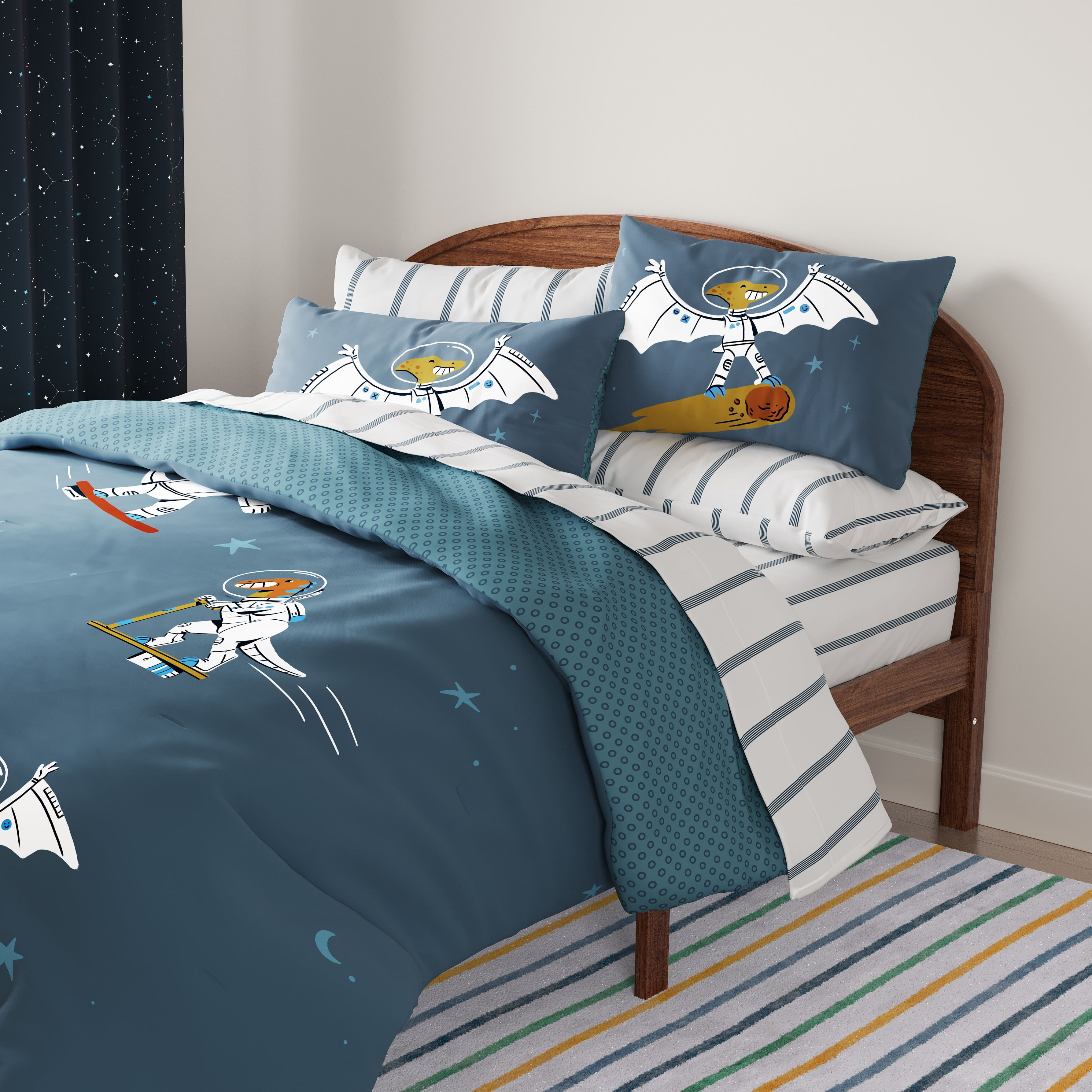 Mainstays Kids Glow in the Dark Space Dino Reversible Comforter Set with Sheets, Full, 7 Pieces