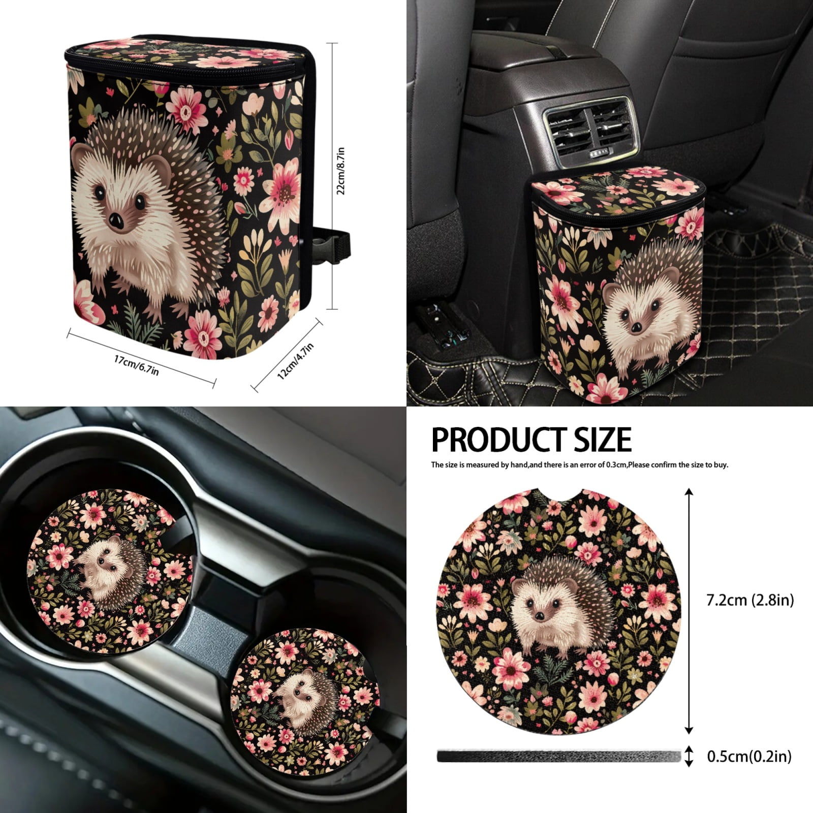 Jeiento Hedgehog Car Interior Accessories Full Set Car Seat Covers Steering Wheel Seat Belt Covers Flowers Car Trash Can Coasters Rear View Mirror Covers Keychains Lipstick Covers Set of 13