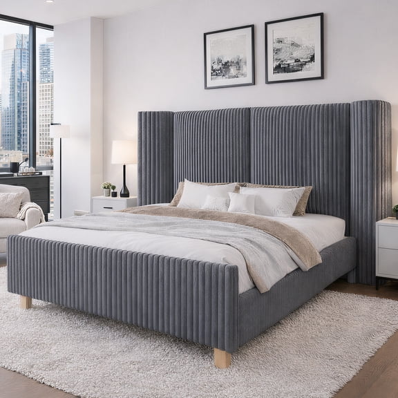 HOMSHADE Queen Size Bed Frame with 51" Tall Headboard, Upholstered Corduroy Platform Bed, Easy Assembly, No Box Spring Needed, Gray