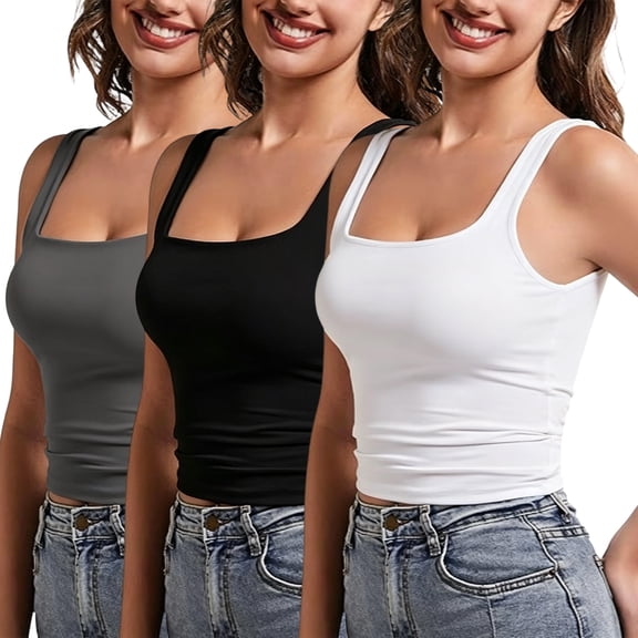 3Pcs Women's Square Neck Wide Strap Slim Cropped Tank Top, Basic Sleeveless Camisole