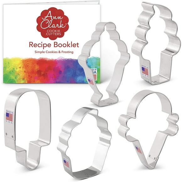 5-Piece Ice Cream and Sweets Cookie Cutter Set with Recipe Booklet, Ice Cream Cone, Soft Serve Cone, Popsicle, Ice Cream Sundae and Cupcake