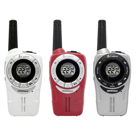 Cobra ACXT360 Water Resistant Walkie Talkies – Rechargeable, 22 Channels, Long Range 25-Mile Range Two-Way Radios 3-Pack, White, Silver and Red
