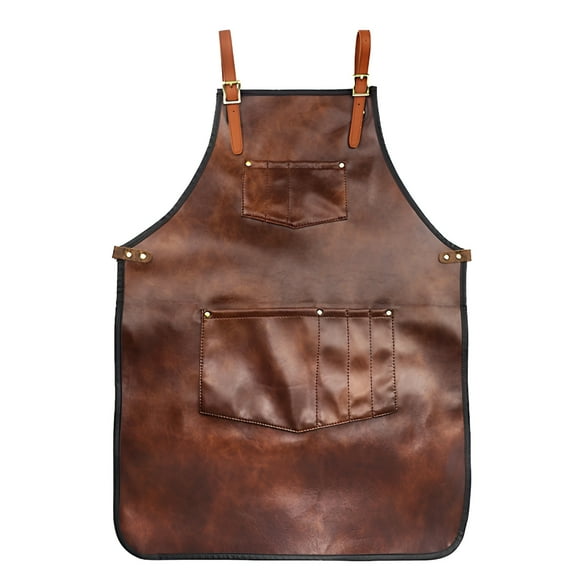 TELOLY Brown Chef Apron For Men Women Waterproof Leather Apron With Pockets Cross-Back Straps For Kitchen BBQ Cooking Barber Barista Apron Handworking cross back apron barber apron