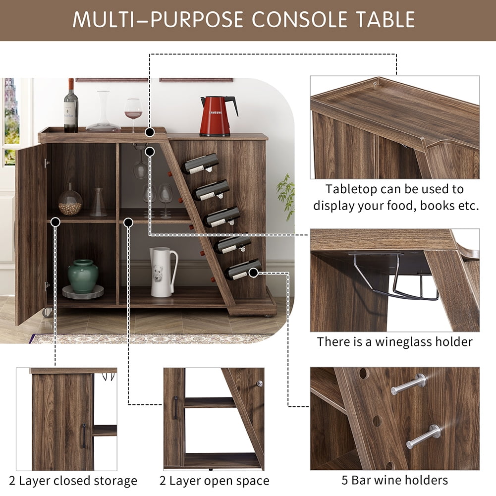 Resenkos Mobile Kitchen Island Cart with 5 Wine Holders & Adjustable Shelf, Rolling Storage Cart for Dining Room, Brown Resenkos Mobile Kitchen Island Cart with 5 Wine Holders & Adjustable Shelf, Rolling Storage Cart for Dining Room, Brown