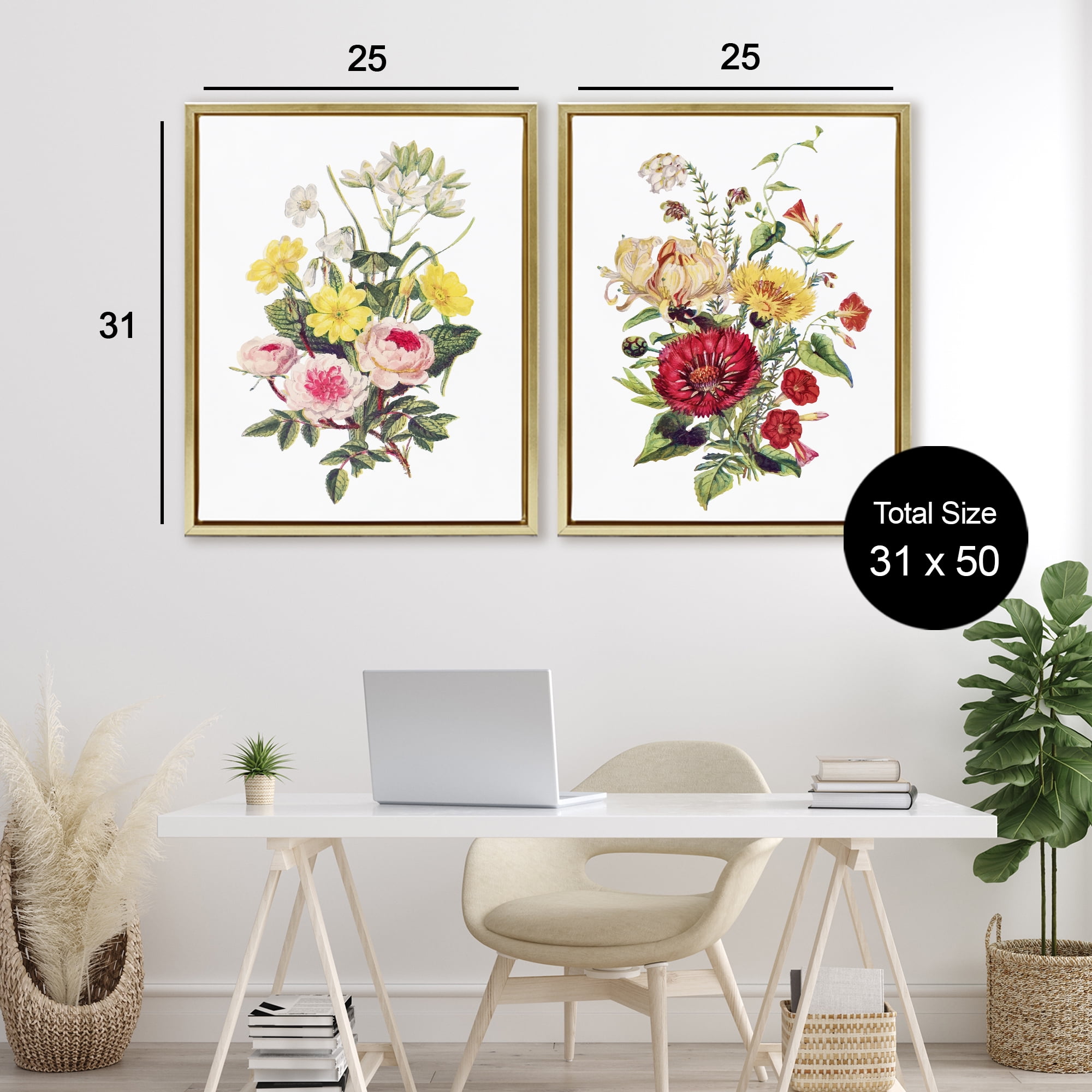 Mixed Flower Bushels 2 Piece Gold Framed Floater Canvas Set, design by Lettered and Lined