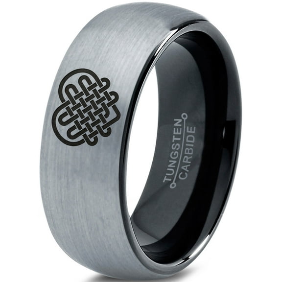 Tungsten Keltic Celtic Many Knots Heart Shape Band Ring 8mm Men Women Comfort Fit Black Dome Brushed Gray Polished