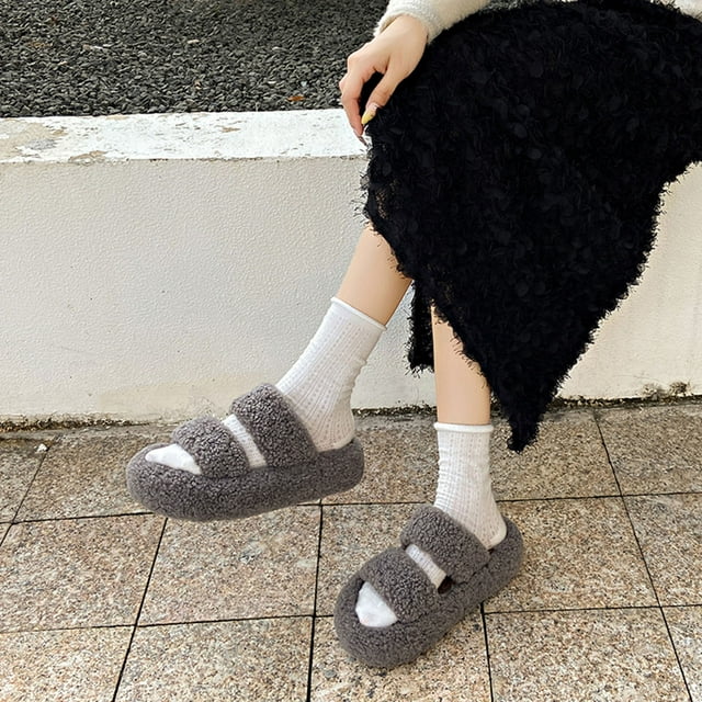 Pantuflas de mujer con suela gruesa y alza, color gris, doble tira, estilo moderno con letras, cómodas para otoño e invierno, talla 40 Rkxzt