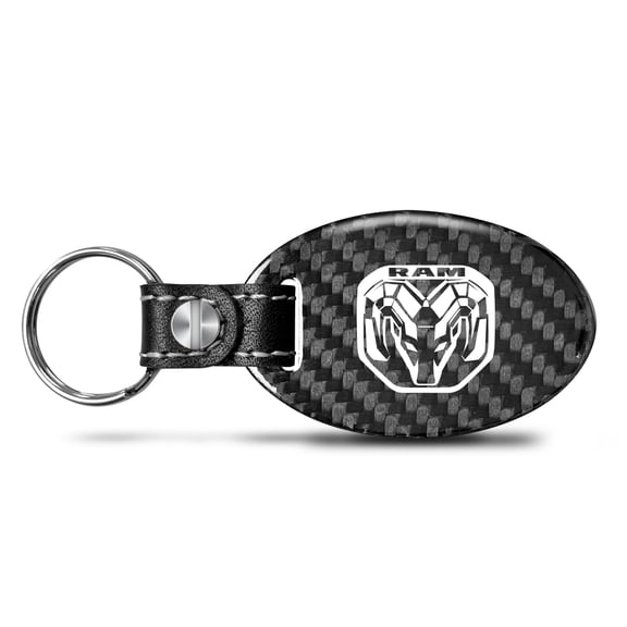 RAM 2019 Logo Real Carbon Fiber Large Oval Shape Black Leather Strap Key Chain