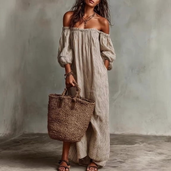 Women's Striped Off-Shoulder Maxi Dress – Puff Sleeves, Side Pocket, Elastic Neckline, Bohemian Summer Outfit Beige,XS