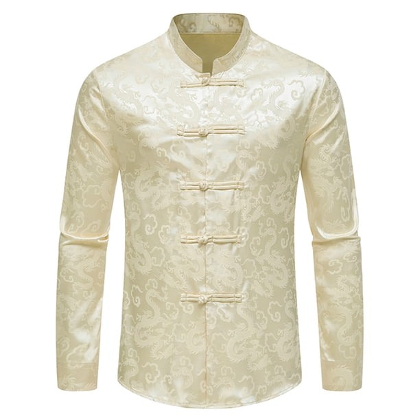 Tops para hombre, camisas, blusas, elegantes, informales, camisas de manga larga, moda sólida, cuello levantado, botón chino, camisa de dragón oscuro, Top Odeerbi ODB-5