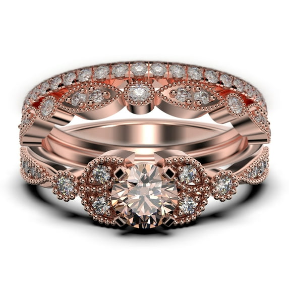 Trio Set 2.50 Carat Round Cut Morganite And Diamond Moissanite Engagement Ring, Matching Wedding Band in 925 Sterling Silver With 18k Rose Gold Plating, Leaf Ring, Promise Ring, Anniversary Gift