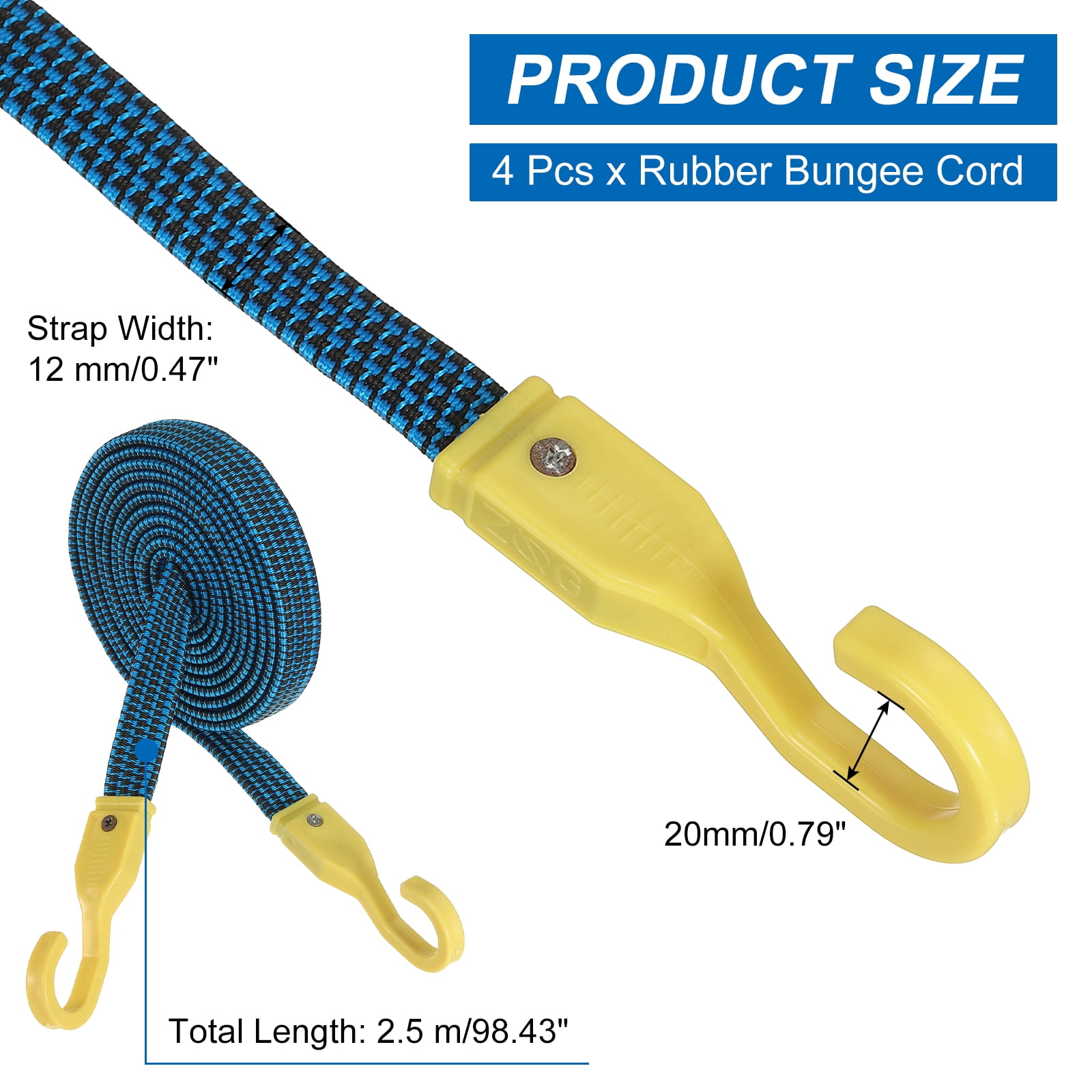 4Pack Bungee Cords with Hooks, 98.4" Flat Rubber Bungee Straps Elastic Rubber Straps for Outdoor Camping Cargo Tarps Roof Racks