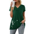 thumbnail image 4 of QLEICOM Womens Summer Tops Oversized T-shirts Short Sleeve Print V-Neck Pleated Casual Loose Tunic Tank Tops Women Shirts Blouses Green L, 4 of 8