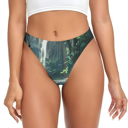 Qokaie Turtle In Jungle Waterfall Printed Women s Cotton Thong Underwear  Sexy Breathable Panties G-string-3X-Large
