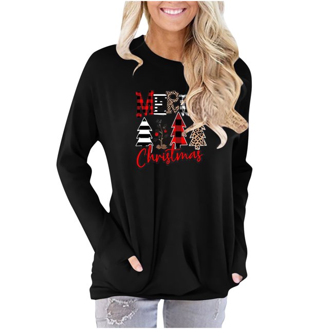 Camisas Navideñas Para Mujer, Camisetas de Manga Larga, Blusa Pulóver Fruncida de Cuello Redondo Con Estampado de Moda Erógena Informal Odeerbi ODB201903