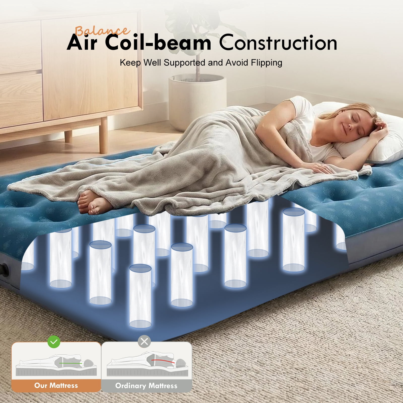 Honeydrill Queen Size Camping Air Mattress Patterned Airbed with Flocked Surface