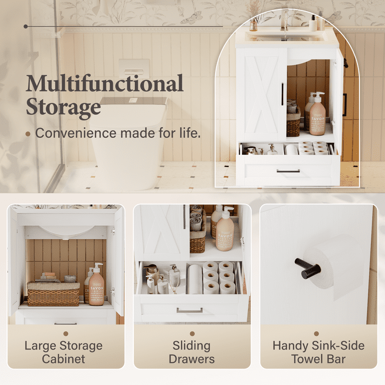 Lacoo 24" Bathroom Vanity with Sink Basin, Farmhouse Bathroom Storage Vanity Cabinet with 2 Doors & 1 Drawer, Freestanding Bathroom Cabinet with Washbasin, White
