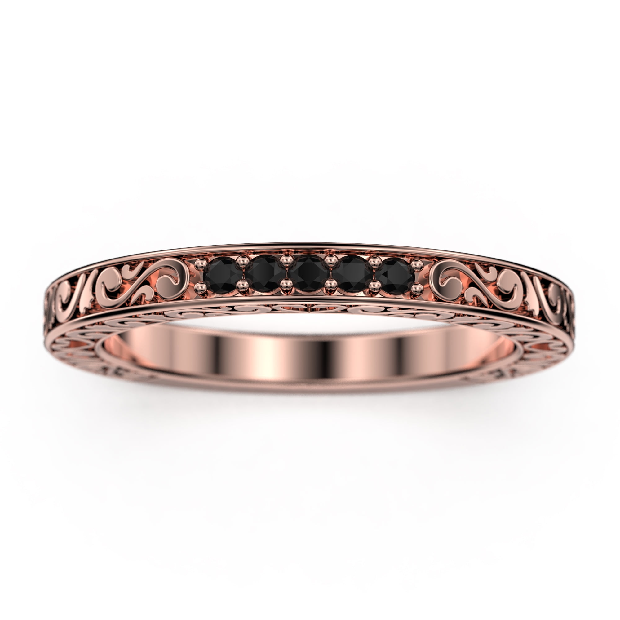 .10ct Delicate Antique Scroll Black Diamond Moissanite Wedding Band 18K Rose Gold Over Silver