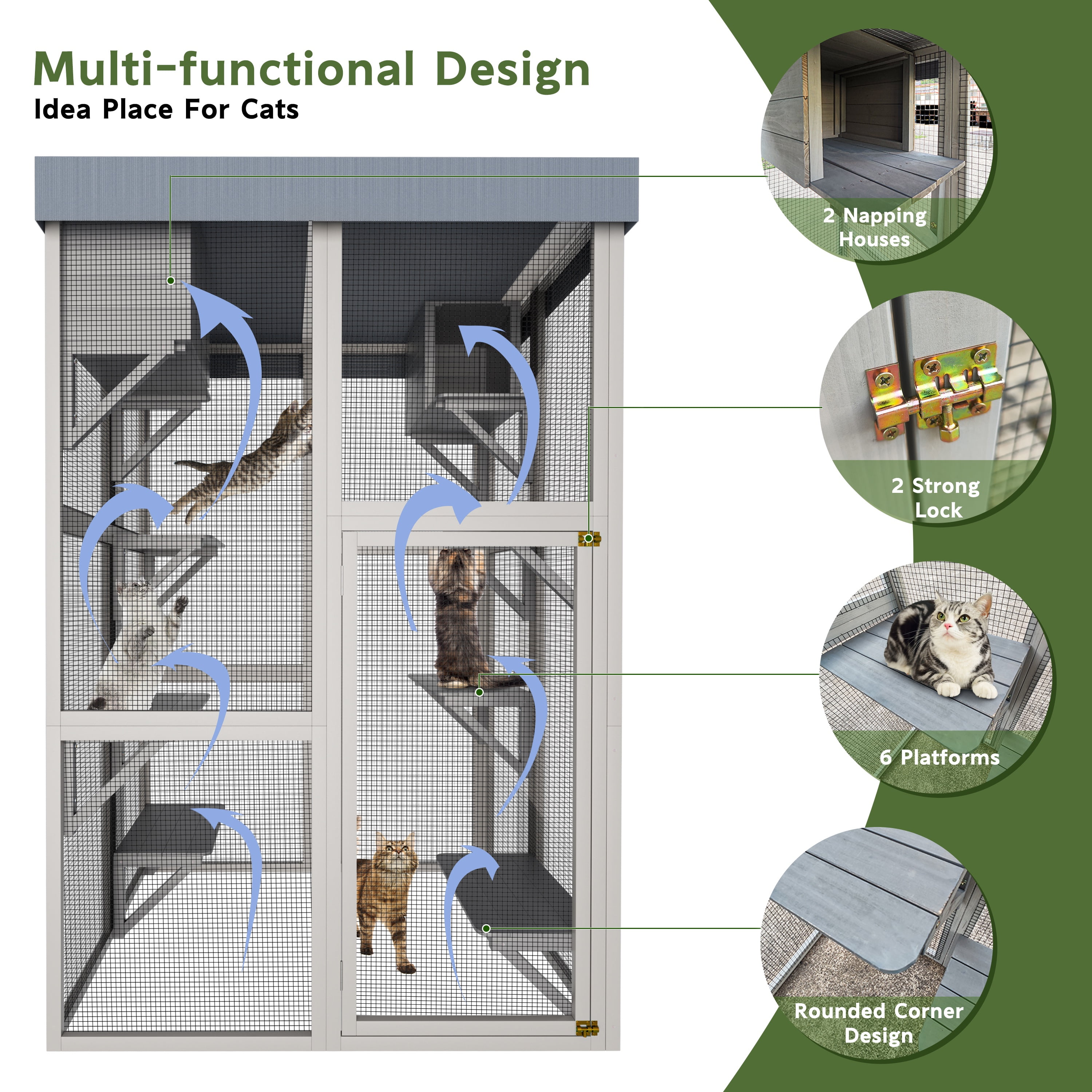 Seizeen 70’’H Catio for Outdoor, Solid Wood Cat House Enclosure, Indoor Pet Cage w/6 Jumping Platforms & 2 Napping Houses, Weatherproof Roof
