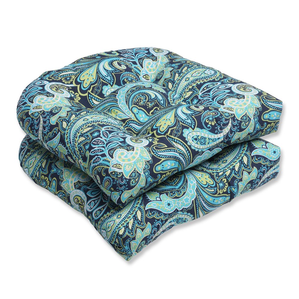 Set of 2 Blue and Green Paisley Outdoor Patio Tufted Wicker Seat Cushions 19"