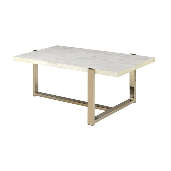 JERFIT 60 inch Modern Coffee Table with White Faux Marble Top, Gold Metal Base for Living Room, Office