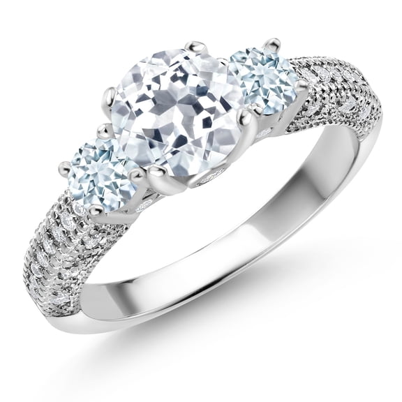 Gem Stone King 925 Sterling Silver White Topaz Sky Blue Aquamarine and White Moissanite Engagement Ring for Women (2.23 Cttw, Gemstone November Birthstone, Round 7MM and 4MM, Size 5)
