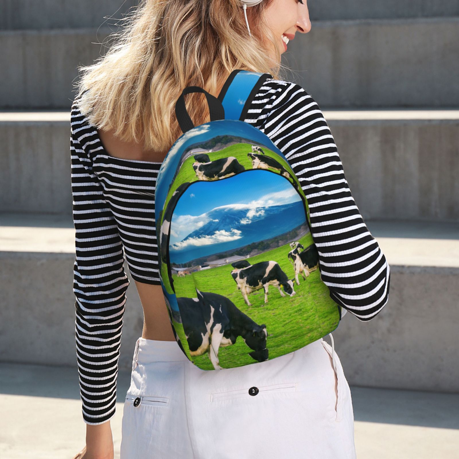 Vsdgher Grazing Cows Mountain View Print Canvas Backpack Travel Rucksack Unisex Knapsack 15.7/17.7Inch Laptop Backpack for Work,College -Medium